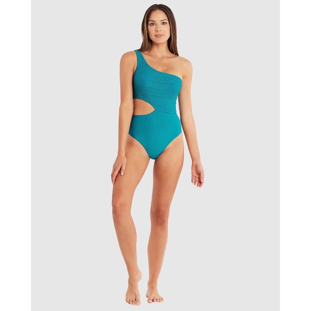 One-Shoulder Teal Cutout One-Piece Swimsuit
